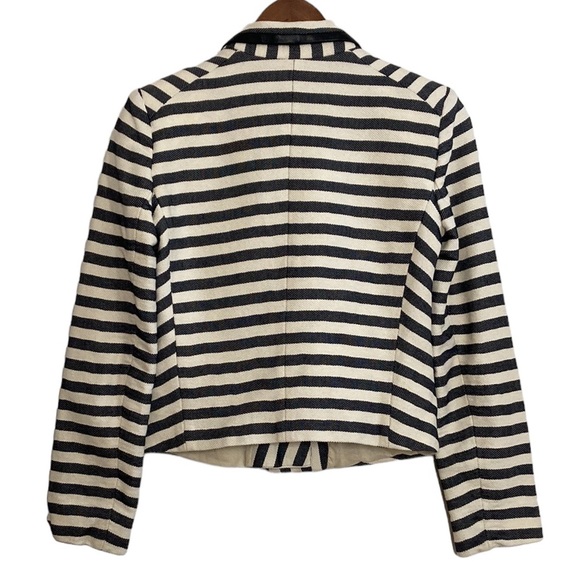 Maje Jacket Womens Small Gray Cream Cotton Striped Cropped Blazer Leather Trim - Picture 2 of 14